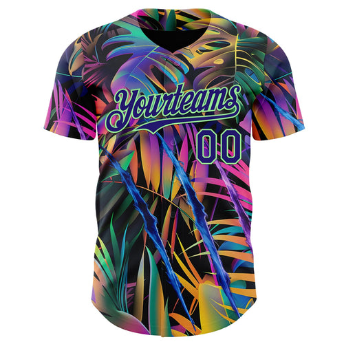 Custom Black Dark Purple-Pea Green Cyber Tropical Palm Trees Music Festival Claw Marks Authentic Baseball Jersey
