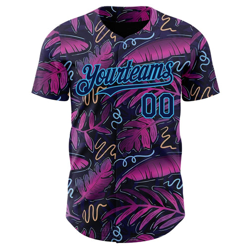 Custom Black Navy Purple-Sky Blue Cyber Tropical Palm Trees Music Festival Authentic Baseball Jersey
