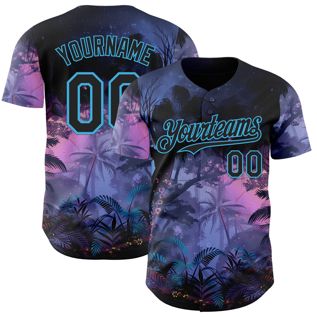 Custom Blue Black Purple-Sky Blue Cyber Tropical Palm Trees Music Festival Authentic Baseball Jersey