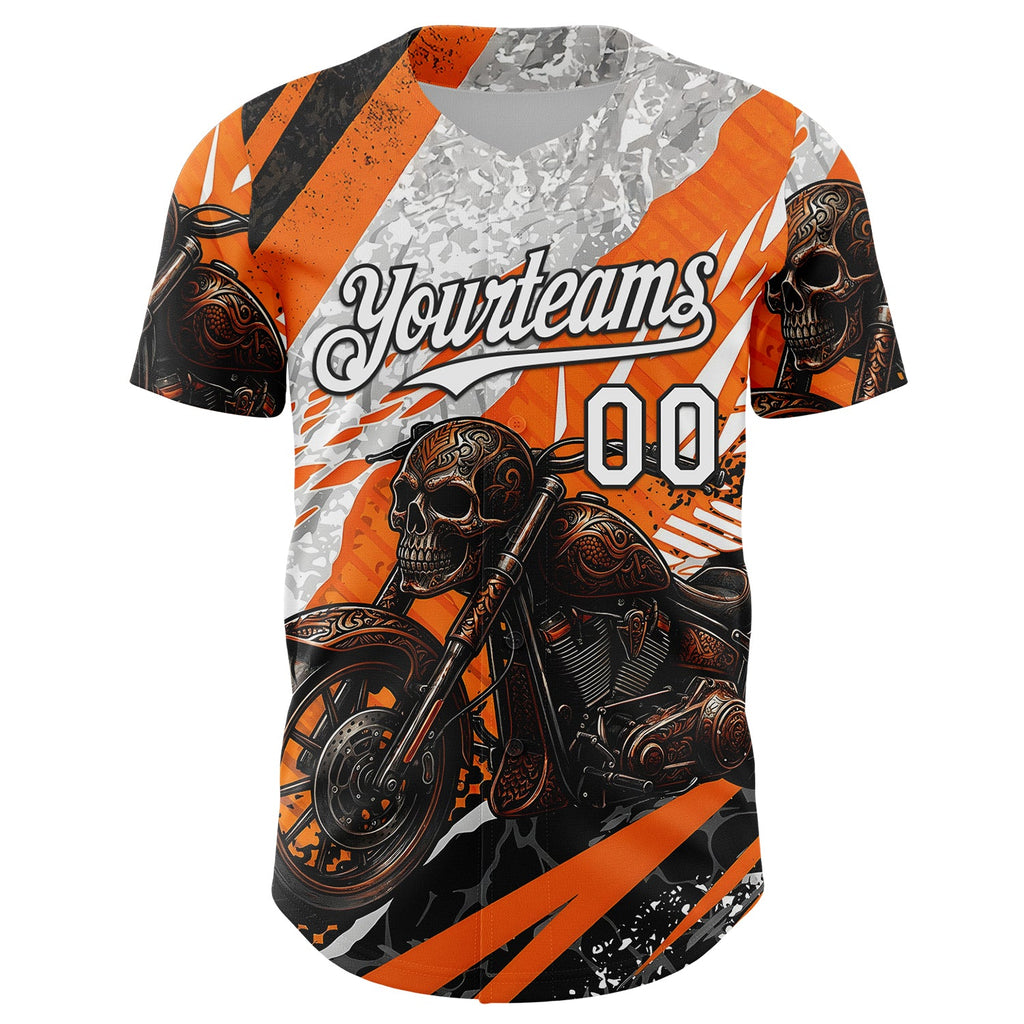 Custom Orange White Gray-Black 3D Pattern Design Motorcycle Motocross Skull Authentic Baseball Jersey