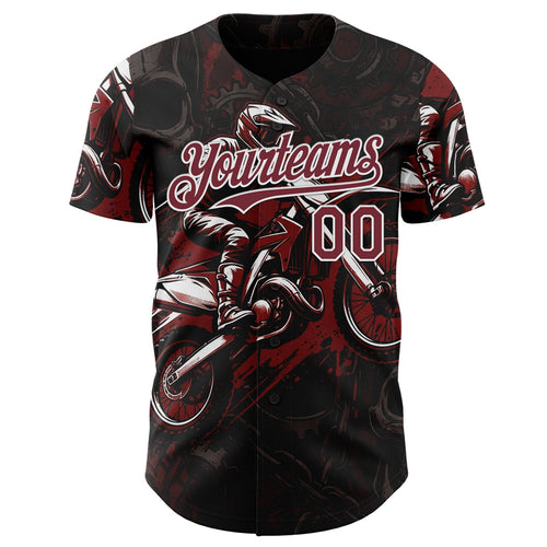 Custom Black Burgundy-White 3D Pattern Design Motorcycle Motocross Authentic Baseball Jersey