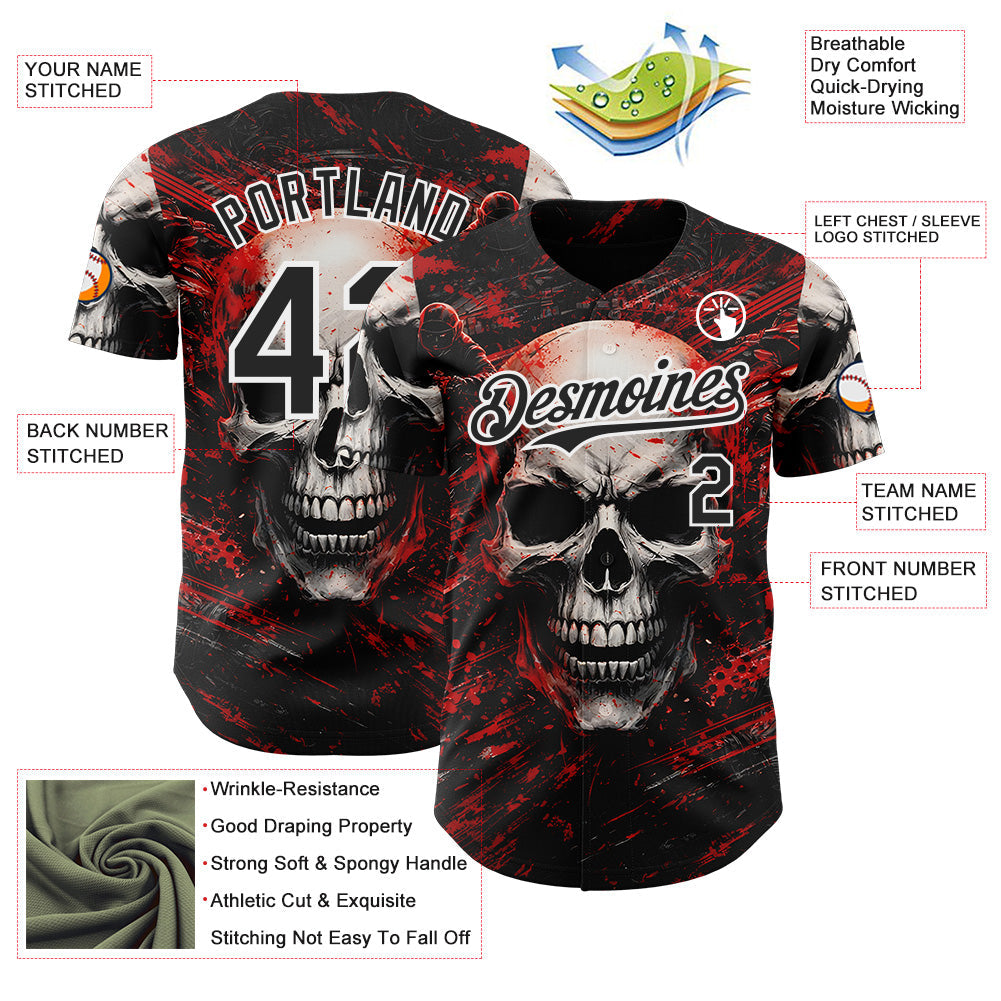 Custom Black Red-White 3D Pattern Design Motorcycle Motocross Skull Authentic Baseball Jersey