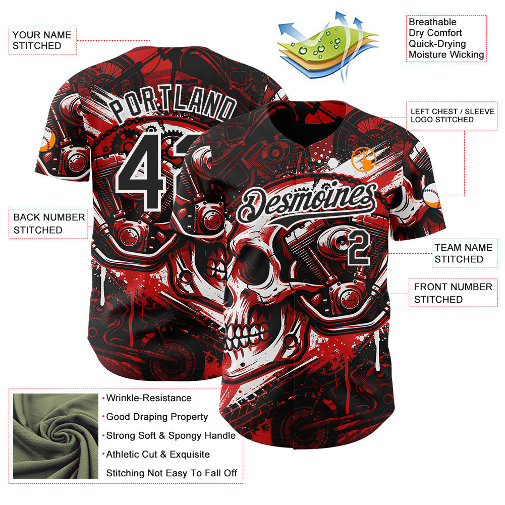 Custom Black Red-White 3D Pattern Design Motorcycle Motocross Skull Authentic Baseball Jersey