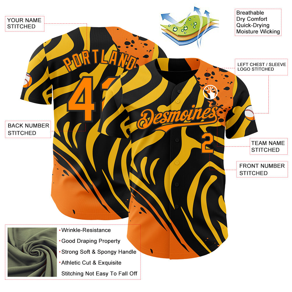 Custom Black Bay Orange-Yellow Leopard Print Tiger Stripe Authentic Baseball Jersey
