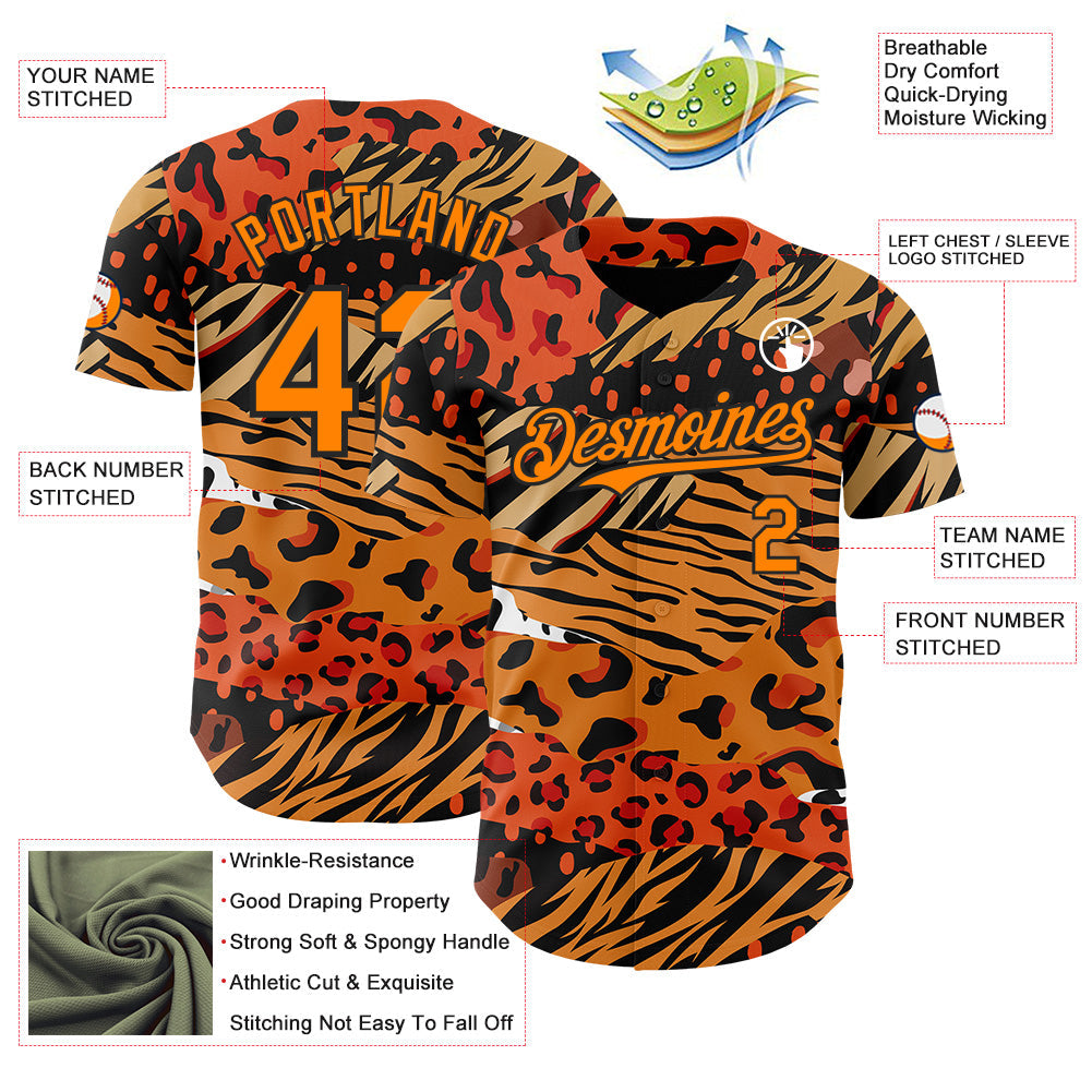 Custom Black Bay Orange-Yellow Leopard Print Tiger Stripe Authentic Baseball Jersey