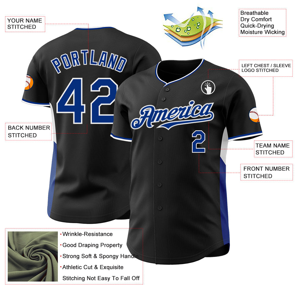 Custom Black Royal-White Classic Color Block Side Panel Stripe Authentic Baseball Jersey