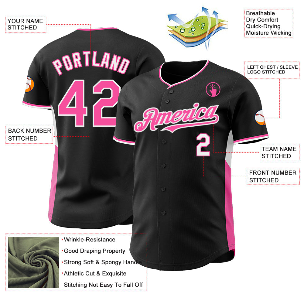 Custom Black Pink-White Classic Color Block Side Panel Stripe Authentic Baseball Jersey