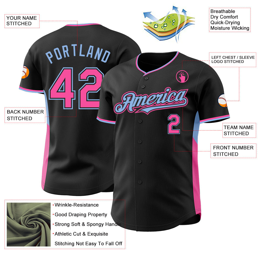 Custom Black Pink-Light Blue Classic Color Block Side Panel Stripe Authentic Baseball Jersey