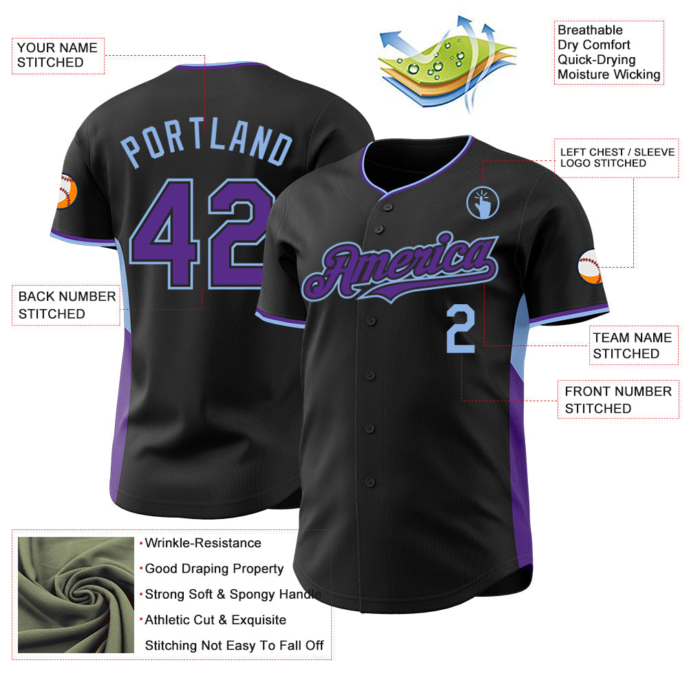 Custom Black Purple-Light Blue Classic Color Block Side Panel Stripe Authentic Baseball Jersey