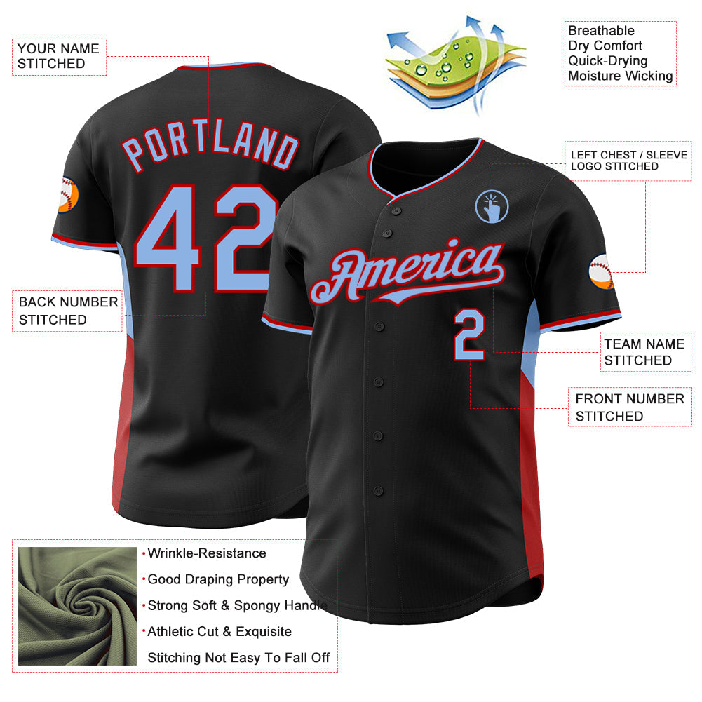Custom Black Light Blue-Red Classic Color Block Side Panel Stripe Authentic Baseball Jersey
