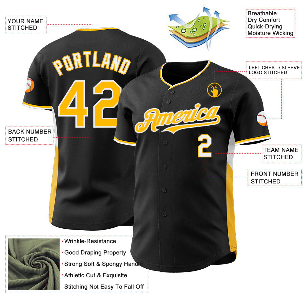 Custom Black Gold-White Classic Color Block Side Panel Stripe Authentic Baseball Jersey