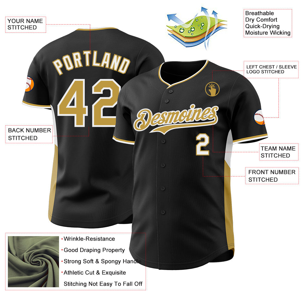 Custom Black Old Gold-White Classic Color Block Side Panel Stripe Authentic Baseball Jersey