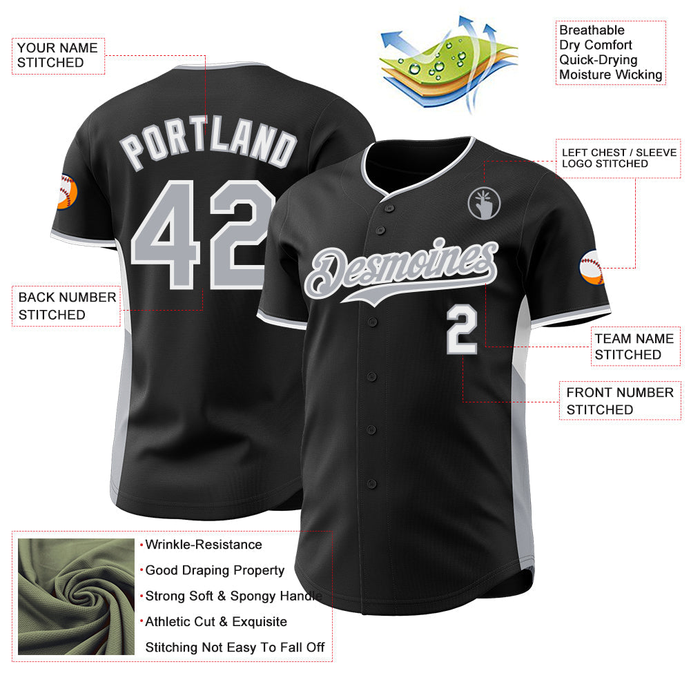 Custom Black Gray-White Classic Color Block Side Panel Stripe Authentic Baseball Jersey