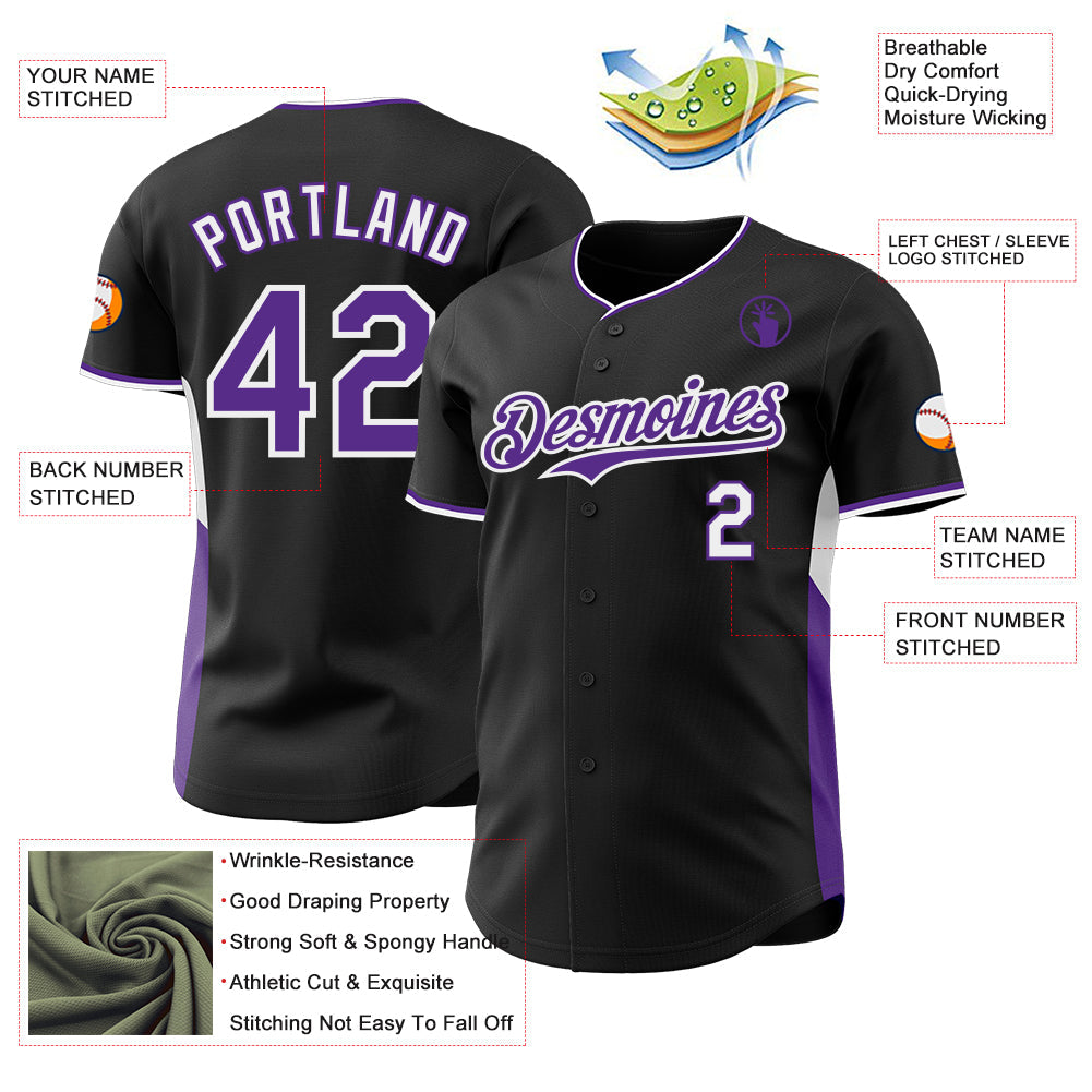 Custom Black Purple-White Classic Color Block Side Panel Stripe Authentic Baseball Jersey
