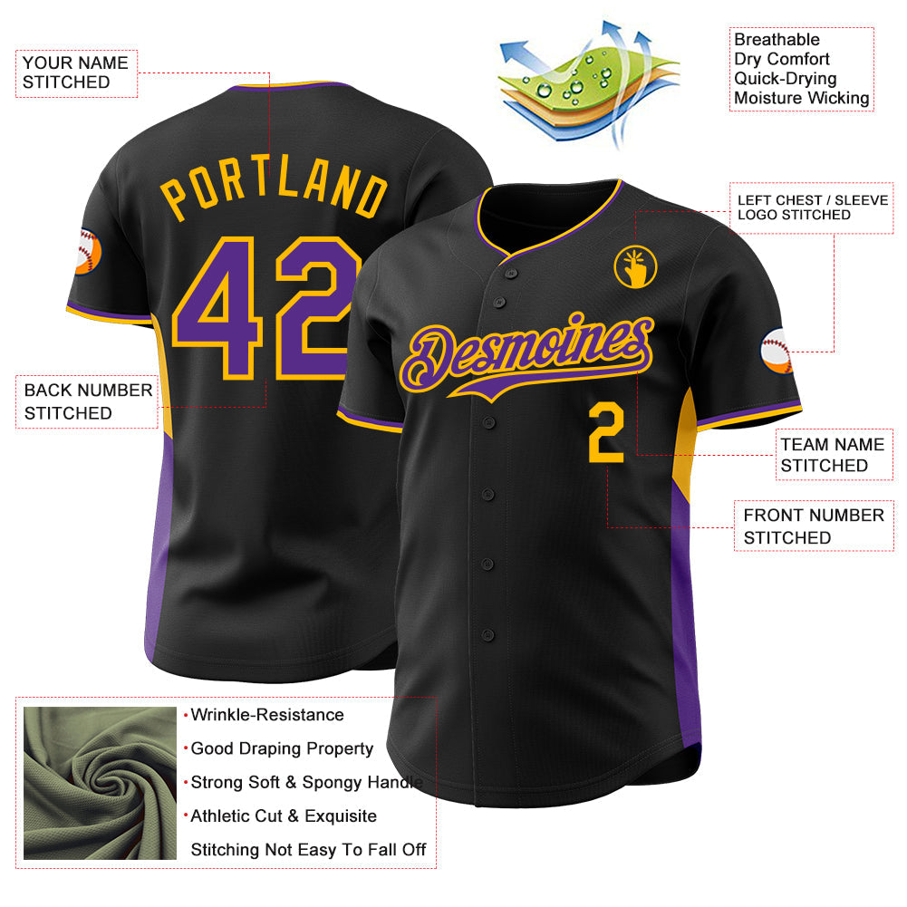 Custom Black Purple-Gold Classic Color Block Side Panel Stripe Authentic Baseball Jersey