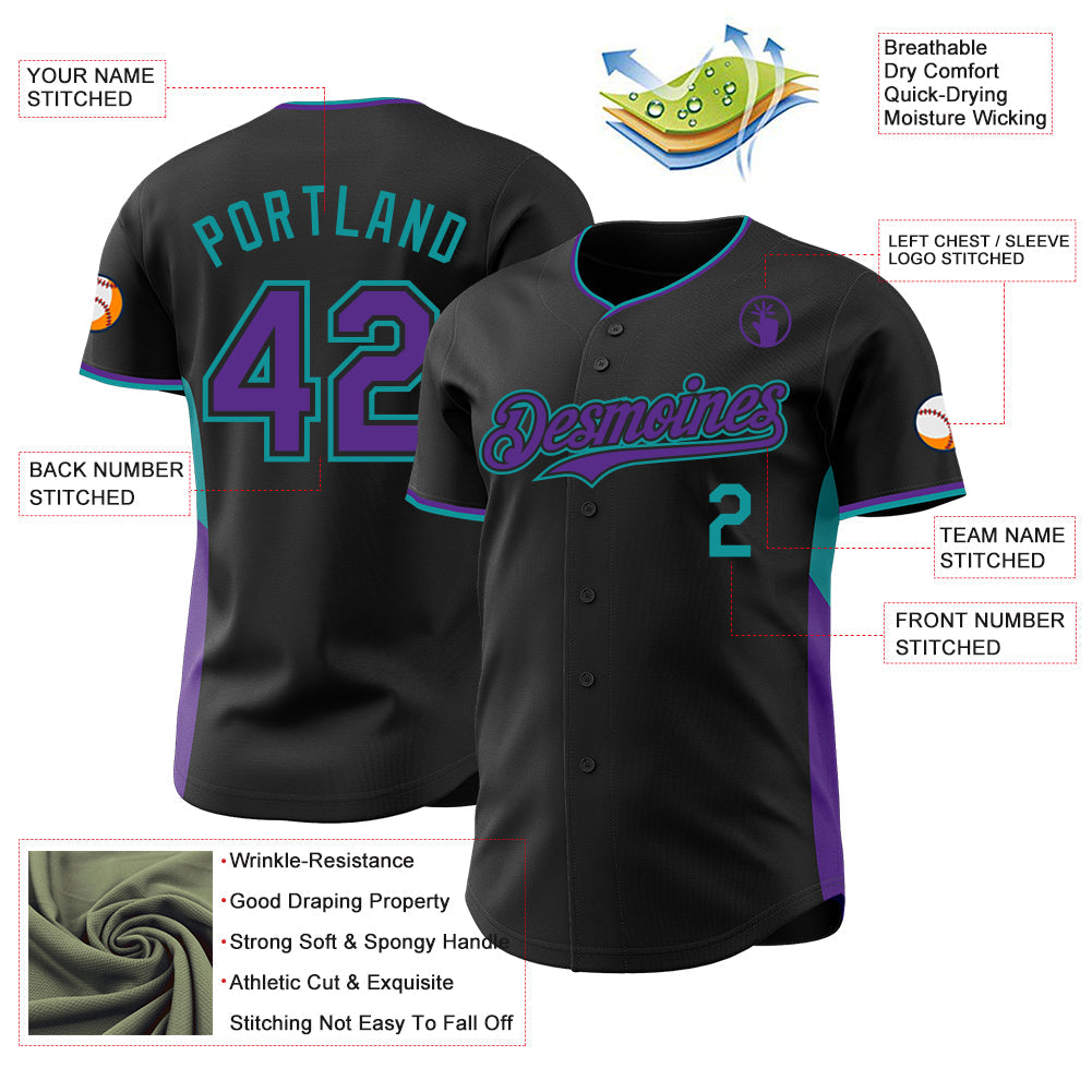 Custom Black Purple-Teal Classic Color Block Side Panel Stripe Authentic Baseball Jersey