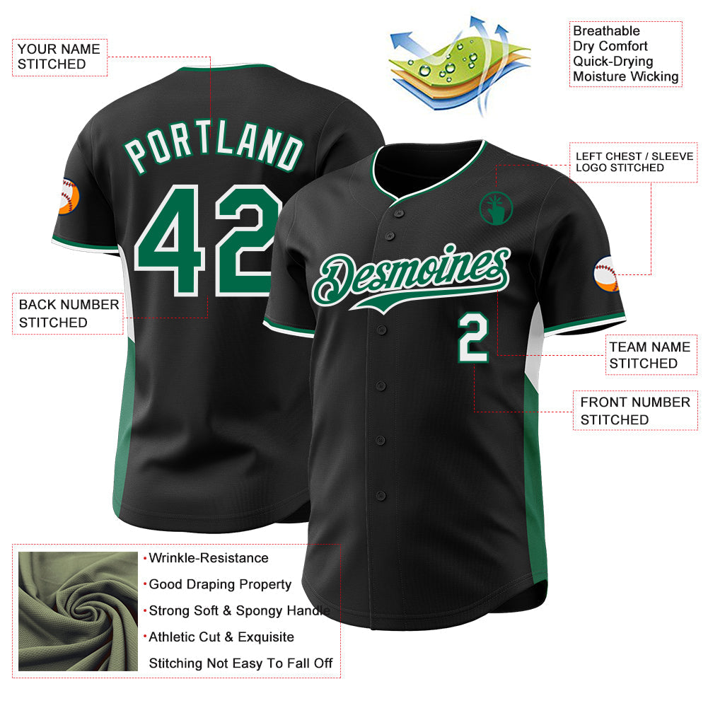 Custom Black Kelly Green-White Classic Color Block Side Panel Stripe Authentic Baseball Jersey