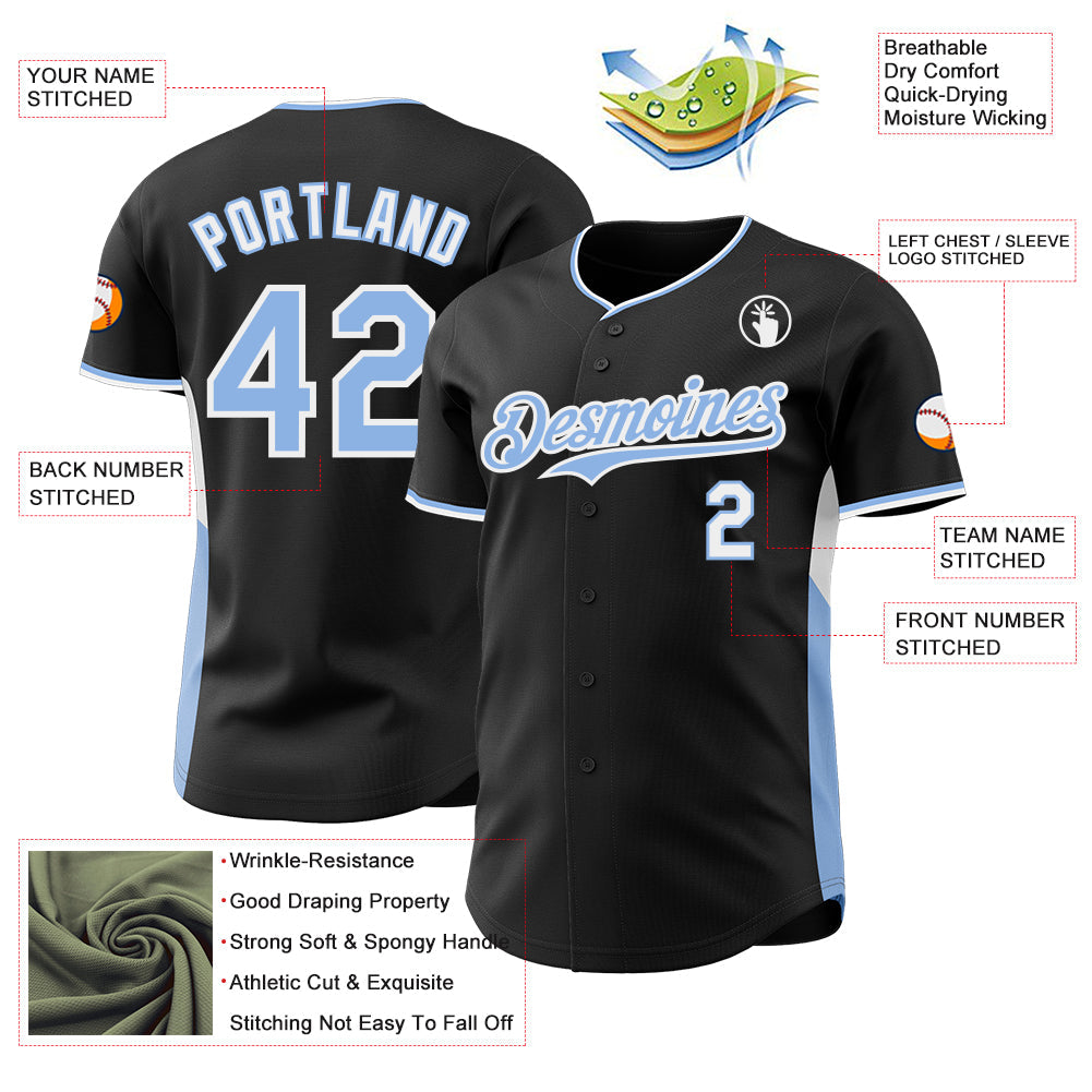 Custom Black Light Blue-White Classic Color Block Side Panel Stripe Authentic Baseball Jersey