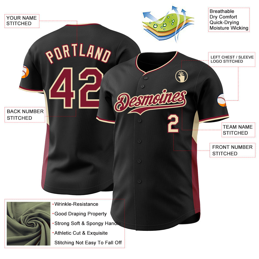 Custom Black Crimson-Cream Classic Color Block Side Panel Stripe Authentic Baseball Jersey