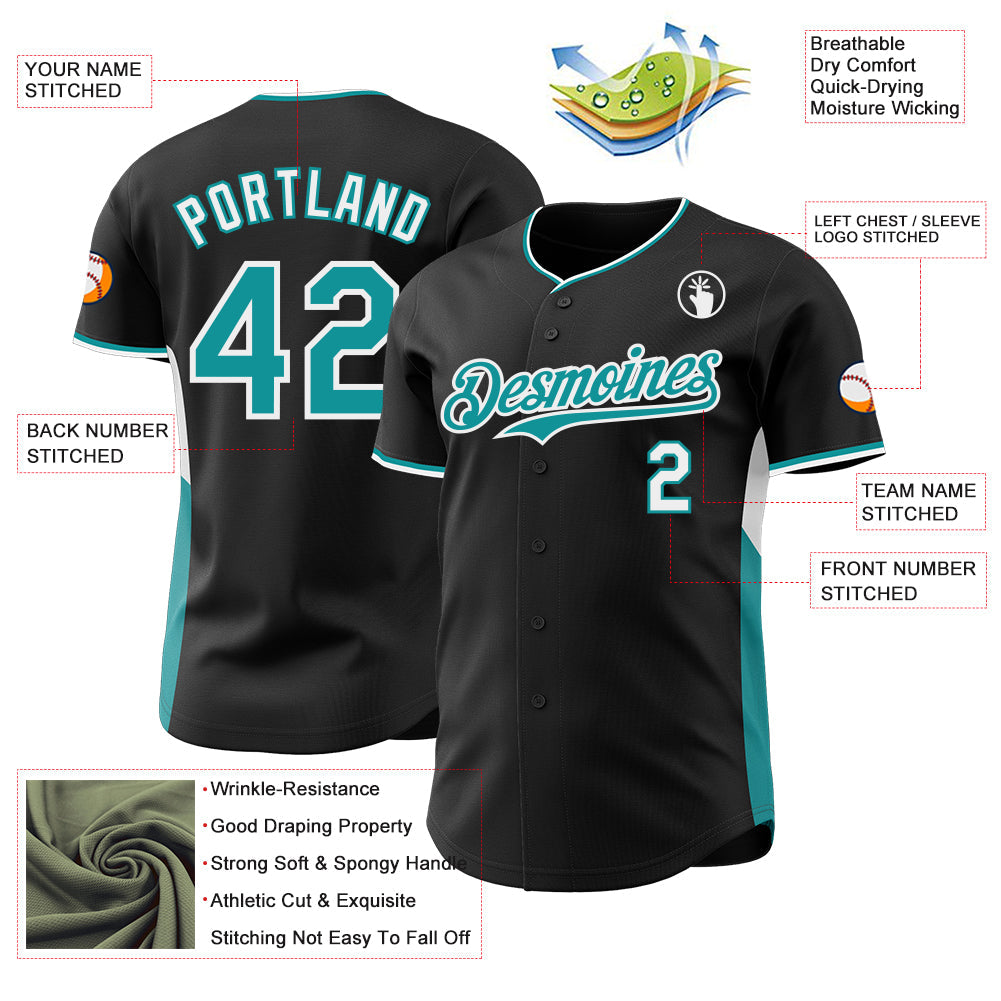 Custom Black Teal-White Classic Color Block Side Panel Stripe Authentic Baseball Jersey