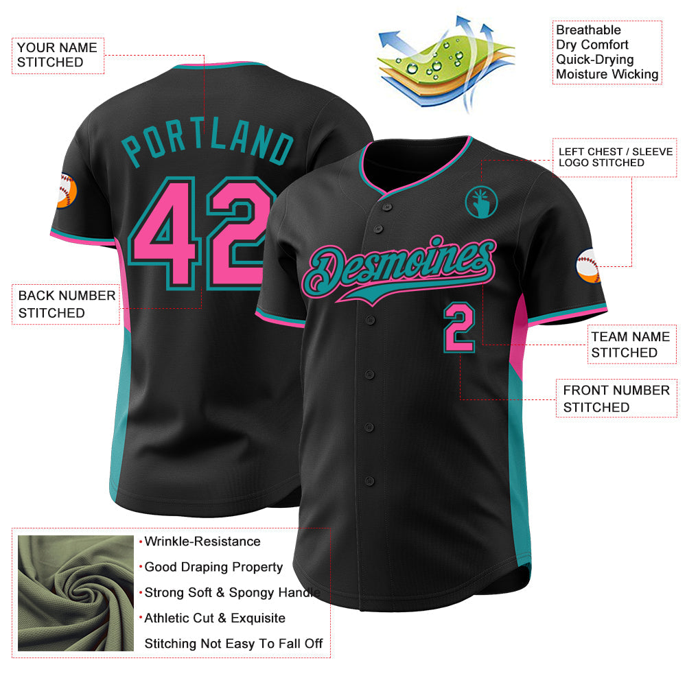 Custom Black Pink-Teal Classic Color Block Side Panel Stripe Authentic Baseball Jersey