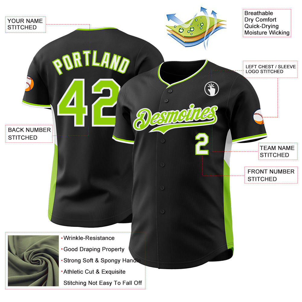 Custom Black Neon Green-White Classic Color Block Side Panel Stripe Authentic Baseball Jersey