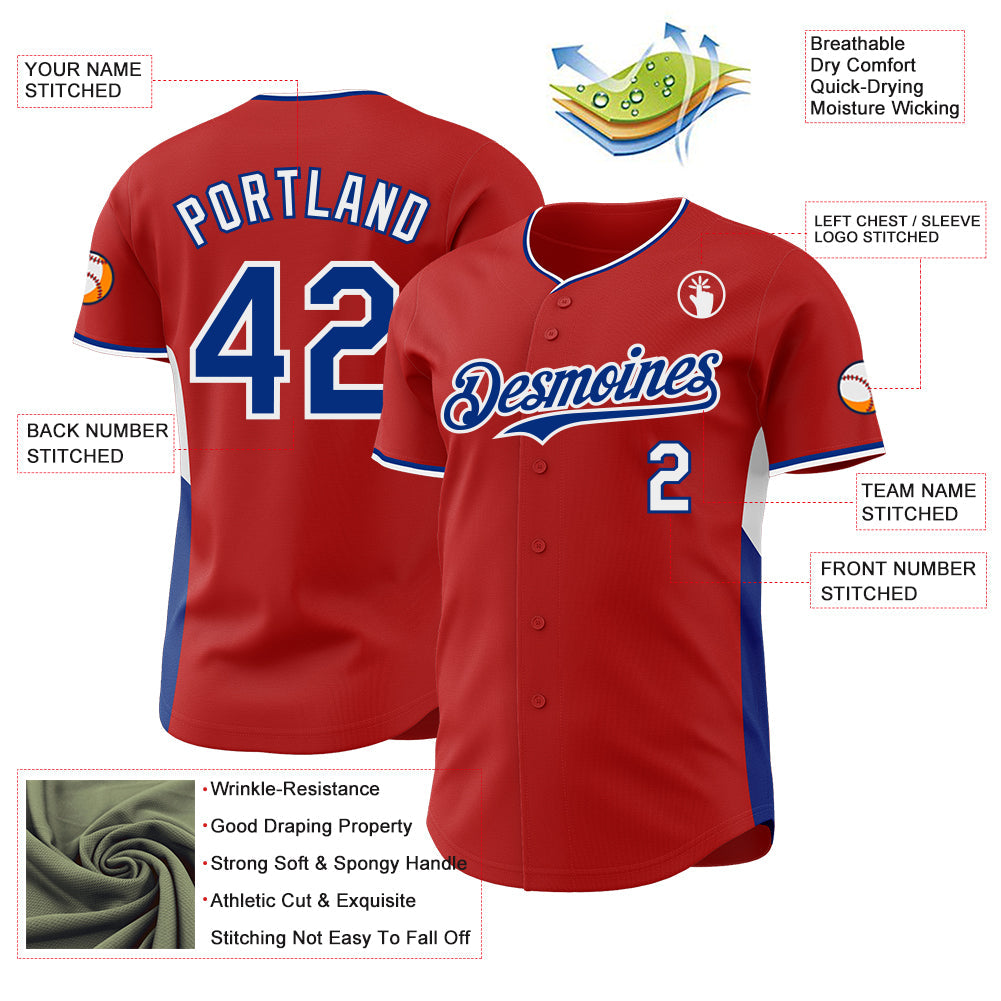 Custom Red Royal-White Classic Color Block Side Panel Stripe Authentic Baseball Jersey