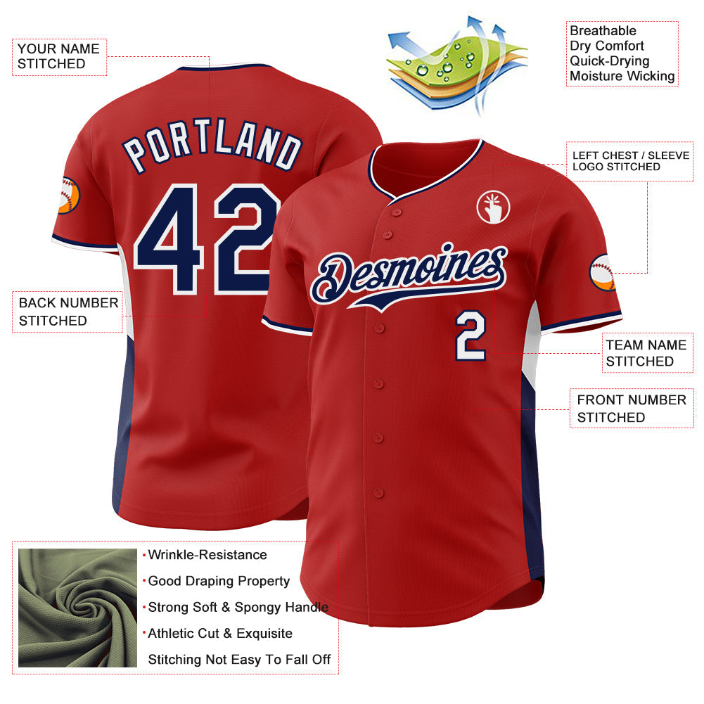 Custom Red Navy-White Classic Color Block Side Panel Stripe Authentic Baseball Jersey