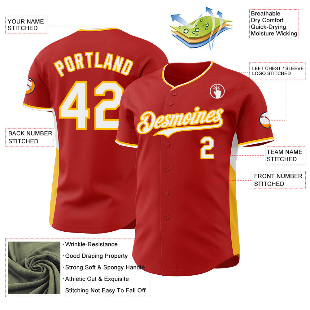 Custom Red White-Gold Classic Color Block Side Panel Stripe Authentic Baseball Jersey