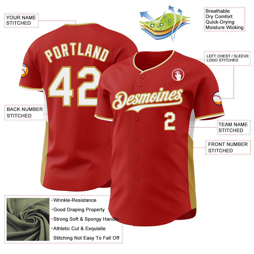 Custom Red White-Old Gold Classic Color Block Side Panel Stripe Authentic Baseball Jersey
