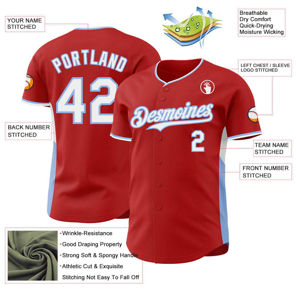 Custom Red White-Light Blue Classic Color Block Side Panel Stripe Authentic Baseball Jersey