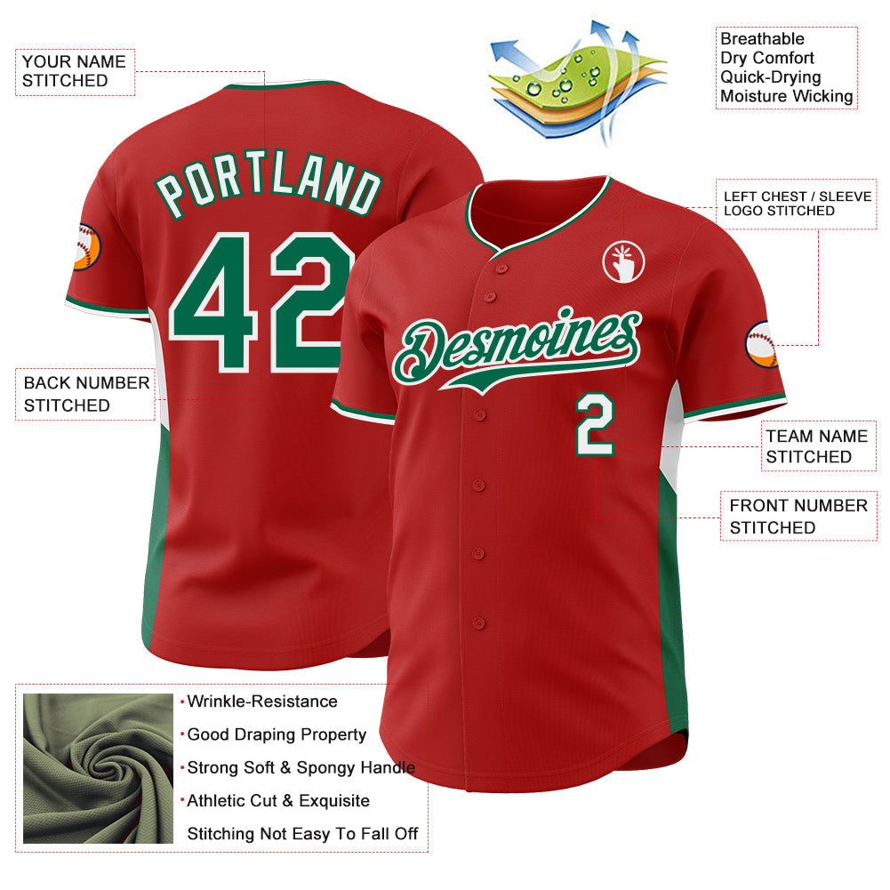 Custom Red Kelly Green-White Classic Color Block Side Panel Stripe Authentic Baseball Jersey