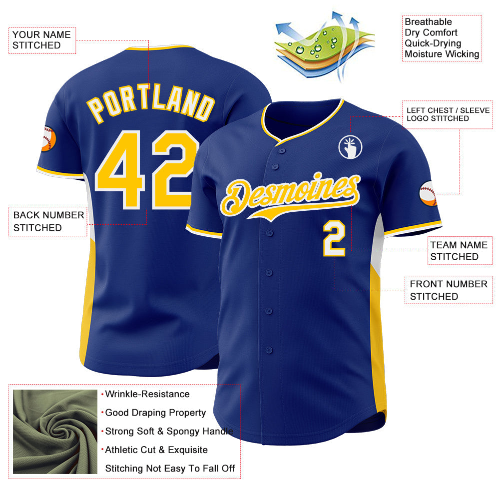 Custom Royal Yellow-White Classic Color Block Side Panel Stripe Authentic Baseball Jersey