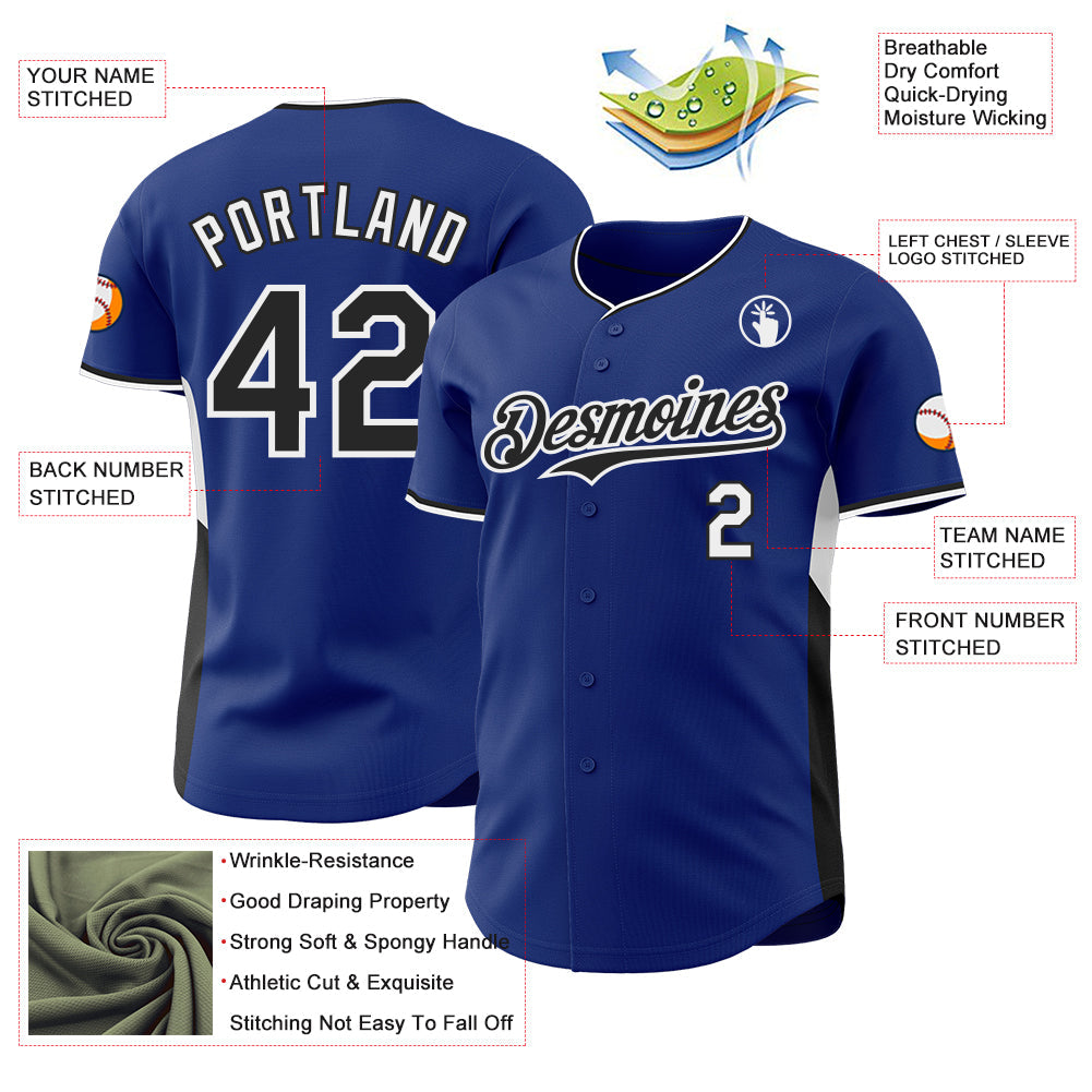 Custom Royal Black-White Classic Color Block Side Panel Stripe Authentic Baseball Jersey