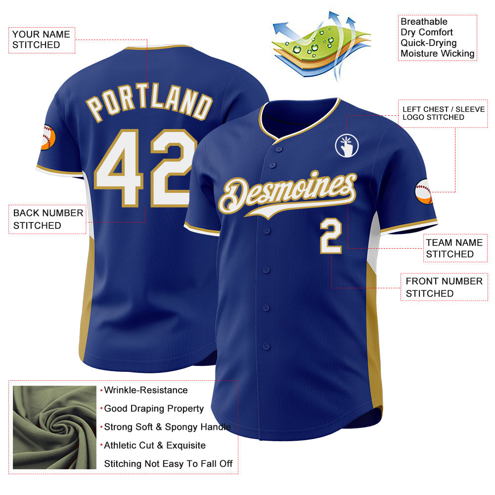 Custom Royal White-Old Gold Classic Color Block Side Panel Stripe Authentic Baseball Jersey