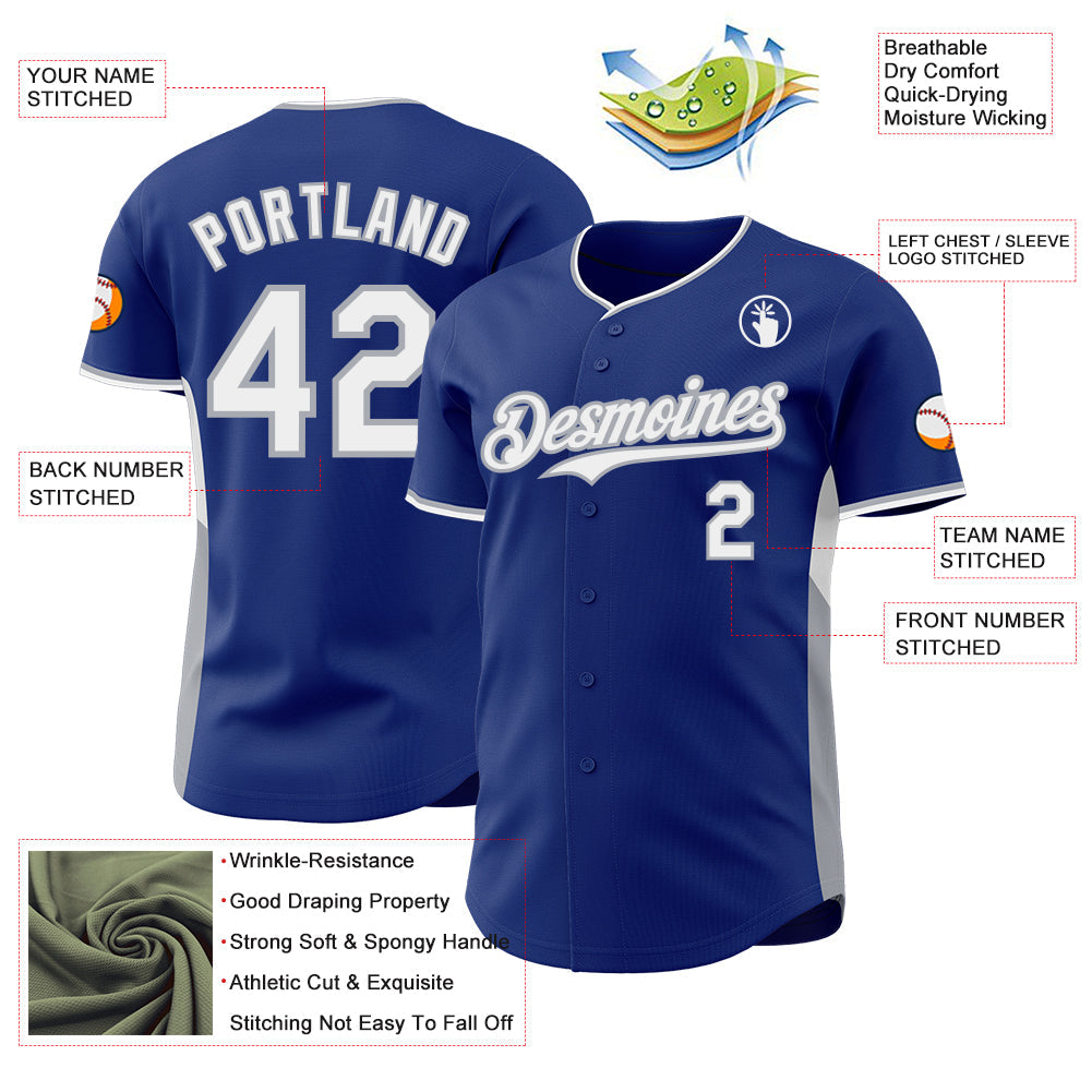 Custom Royal White-Gray Classic Color Block Side Panel Stripe Authentic Baseball Jersey