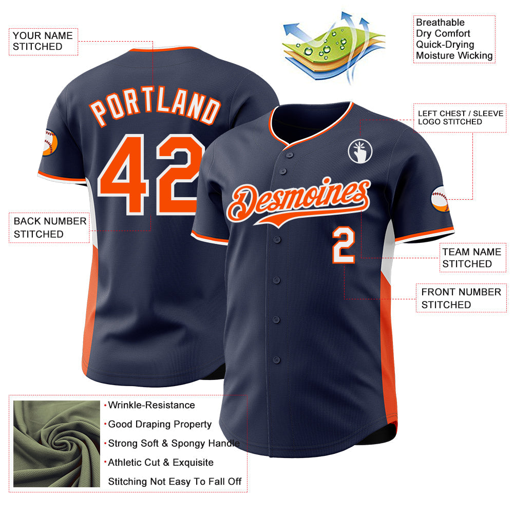 Custom Navy Orange-White Classic Color Block Side Panel Stripe Authentic Baseball Jersey