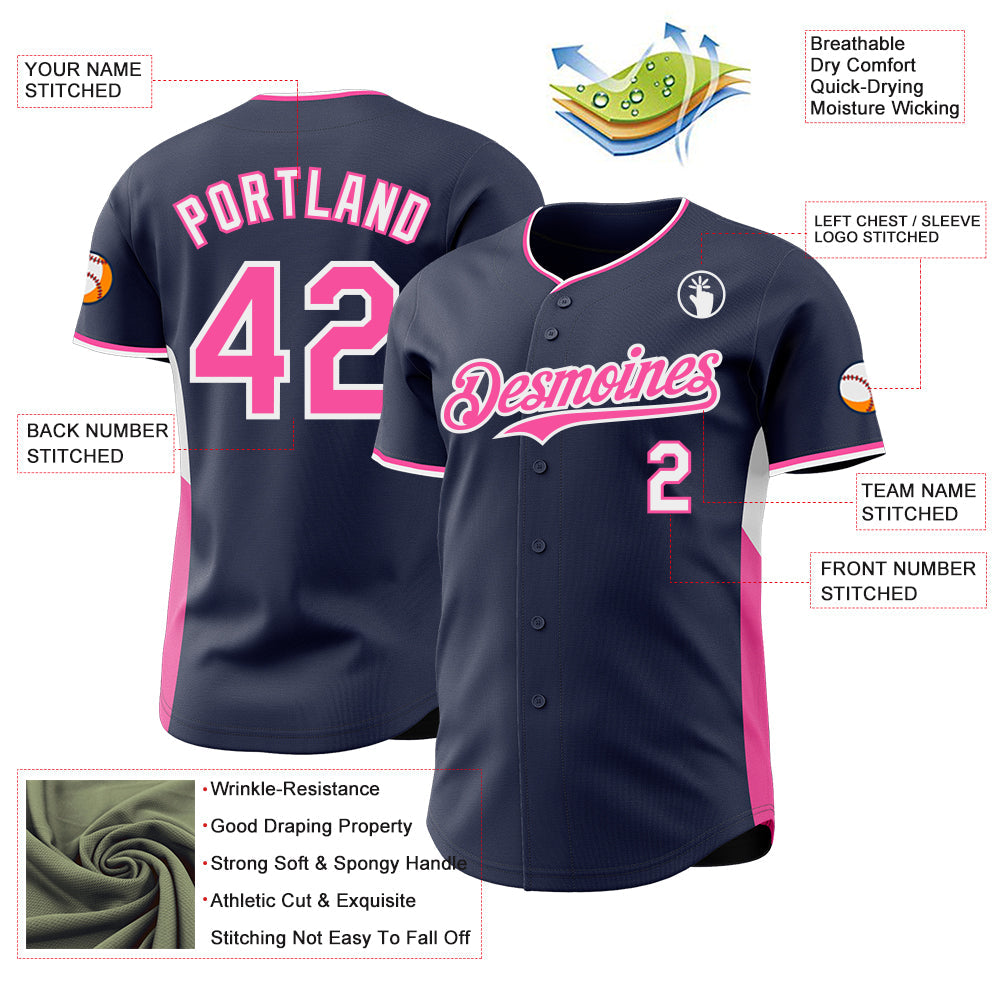 Custom Navy Pink-White Classic Color Block Side Panel Stripe Authentic Baseball Jersey