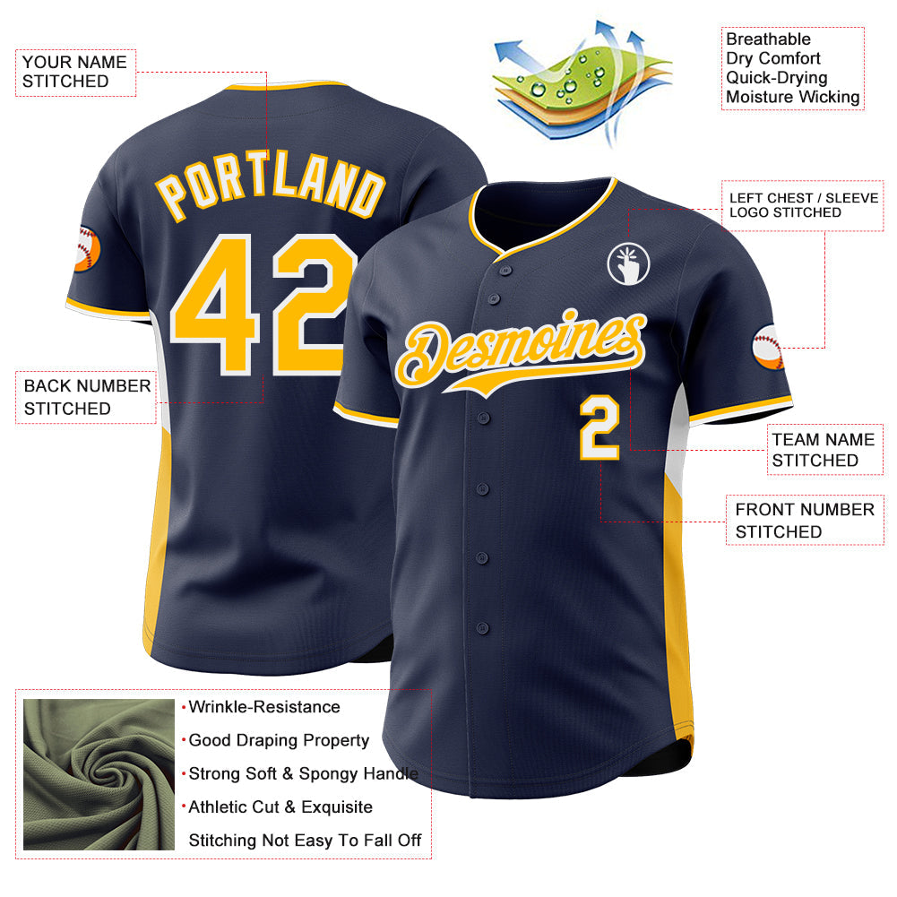 Custom Navy Gold-White Classic Color Block Side Panel Stripe Authentic Baseball Jersey