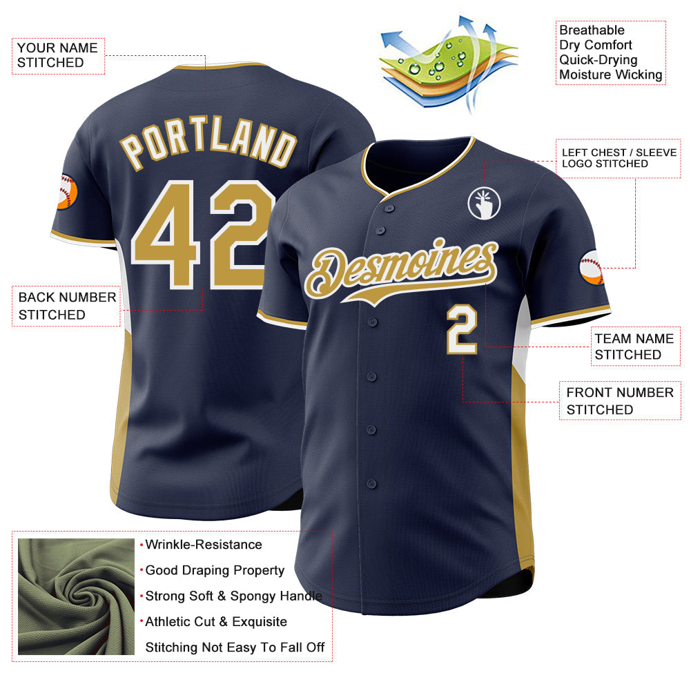 Custom Navy Old Gold-White Classic Color Block Side Panel Stripe Authentic Baseball Jersey