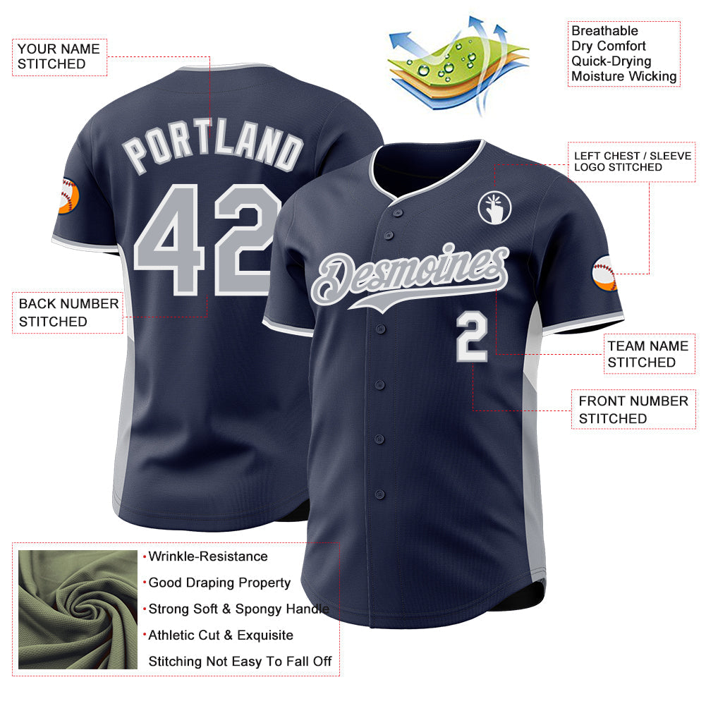 Custom Navy Gray-White Classic Color Block Side Panel Stripe Authentic Baseball Jersey