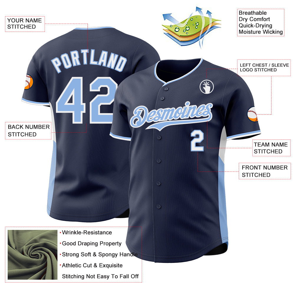 Custom Navy Light Blue-White Classic Color Block Side Panel Stripe Authentic Baseball Jersey