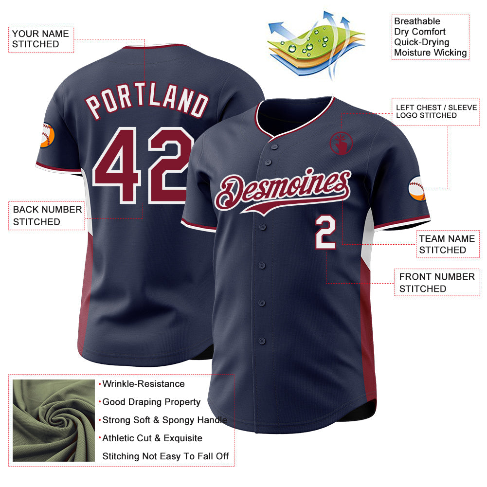 Custom Navy Crimson-White Classic Color Block Side Panel Stripe Authentic Baseball Jersey