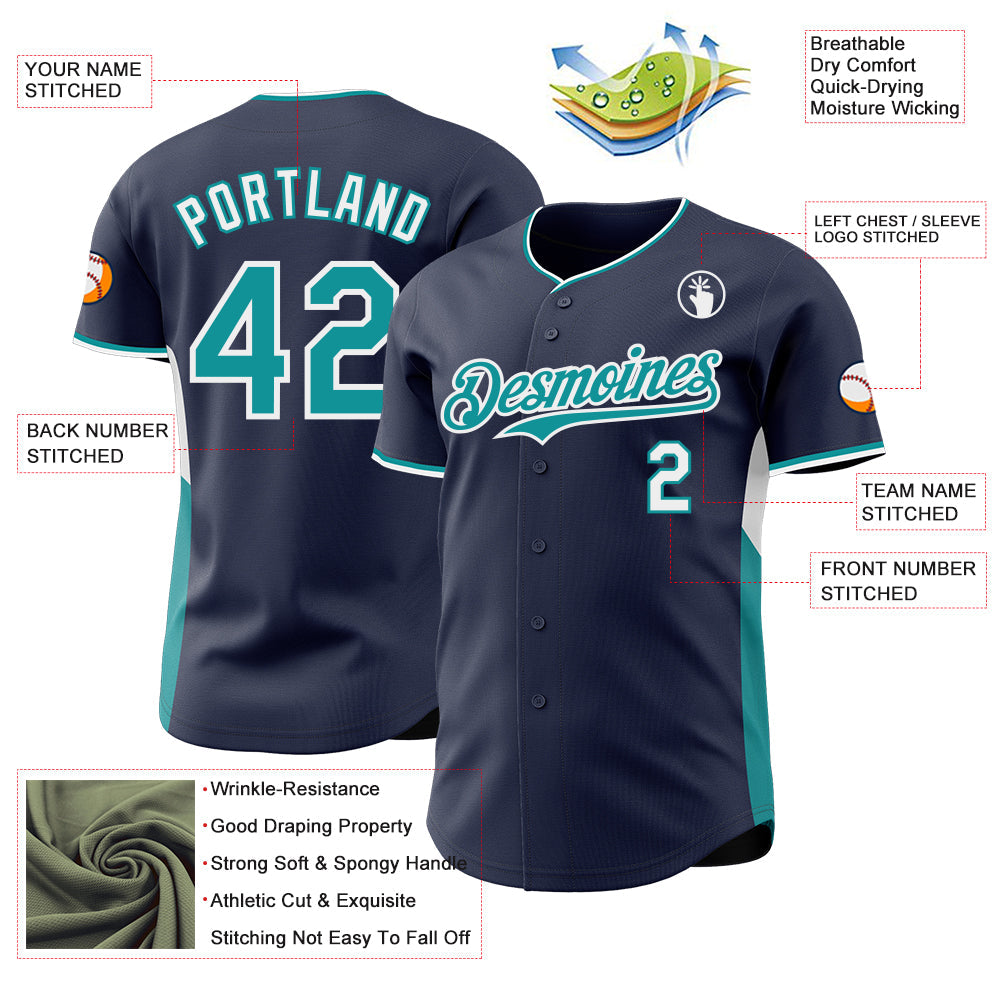 Custom Navy Teal-White Classic Color Block Side Panel Stripe Authentic Baseball Jersey