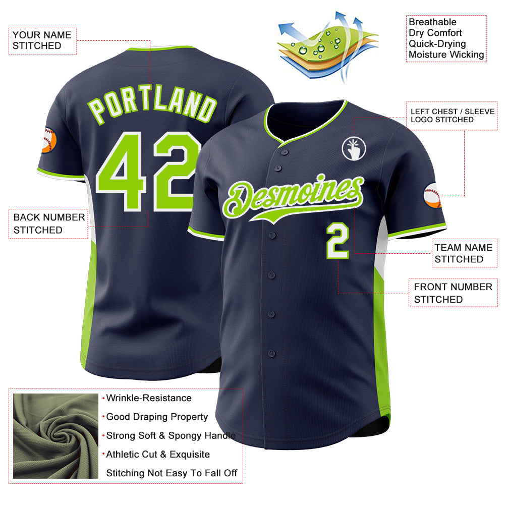 Custom Navy Neon Green-White Classic Color Block Side Panel Stripe Authentic Baseball Jersey