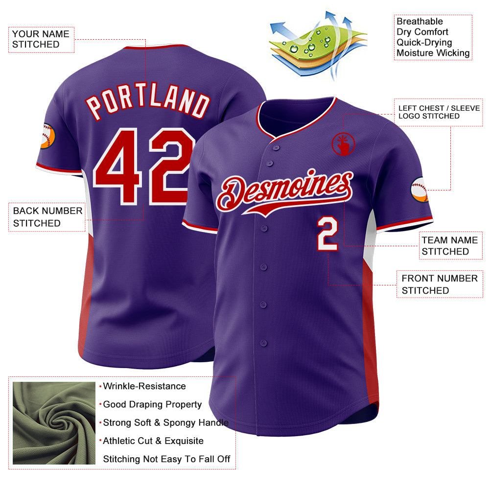 Custom Purple Red-White Classic Color Block Side Panel Stripe Authentic Baseball Jersey