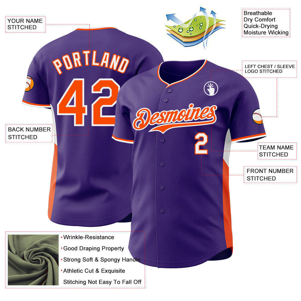 Custom Purple Orange-White Classic Color Block Side Panel Stripe Authentic Baseball Jersey