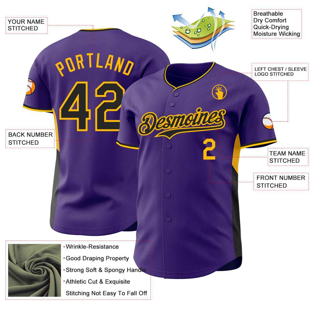 Custom Purple Black-Gold Classic Color Block Side Panel Stripe Authentic Baseball Jersey
