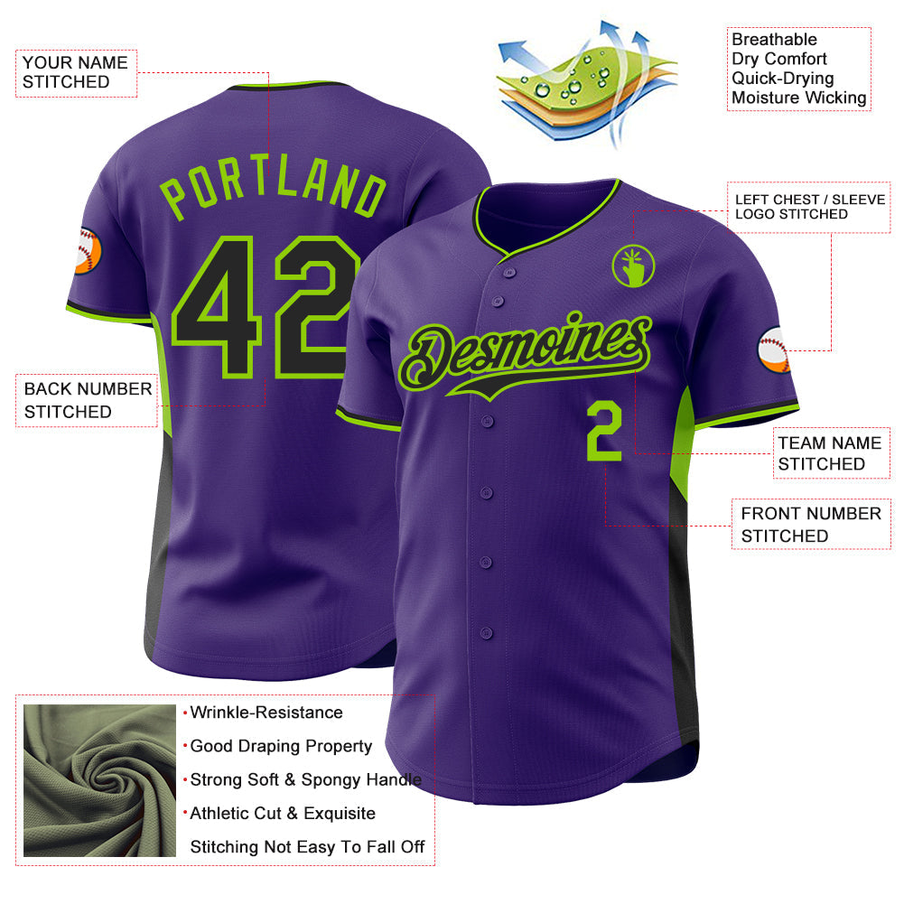 Custom Purple Black-Neon Green Classic Color Block Side Panel Stripe Authentic Baseball Jersey
