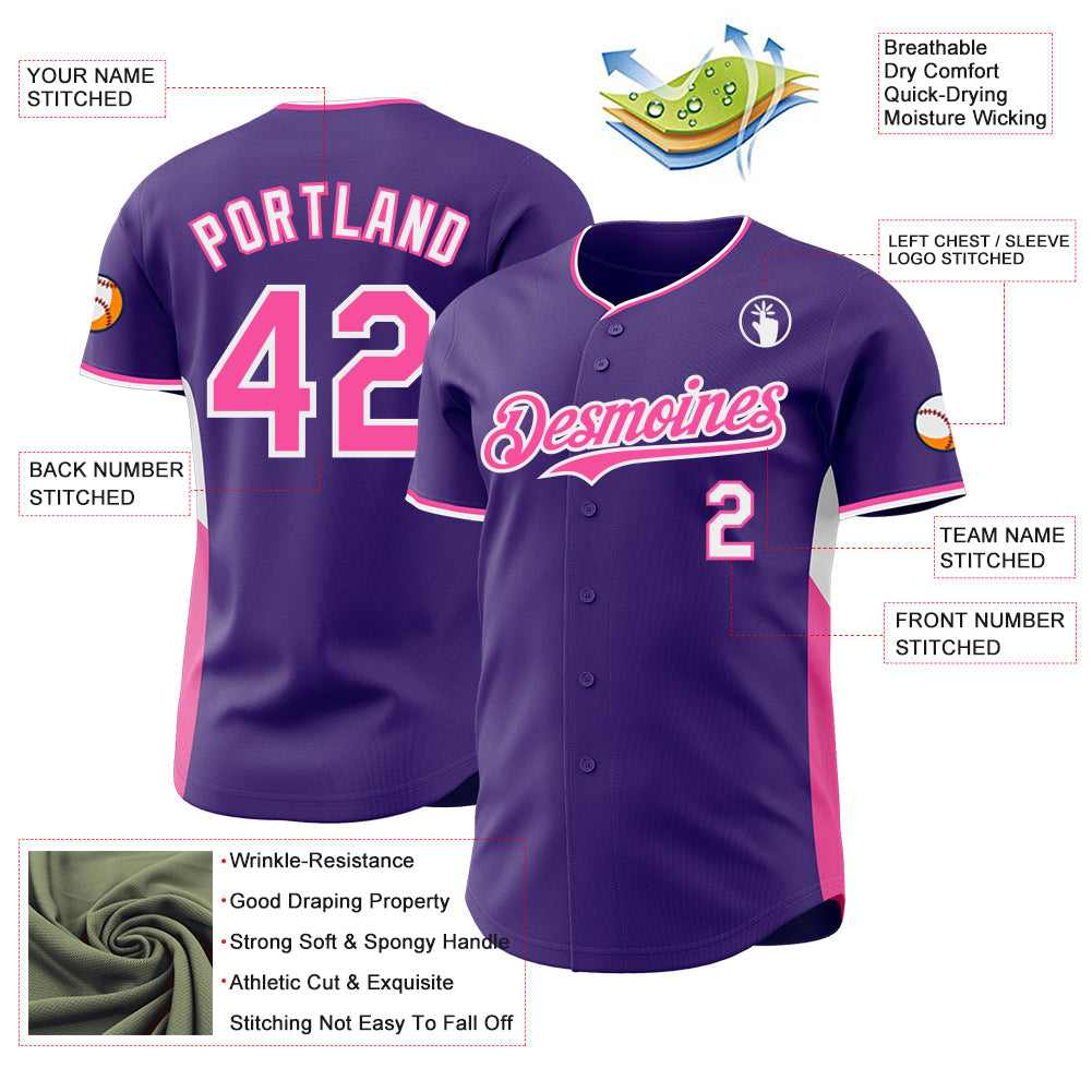 Custom Purple Pink-White Classic Color Block Side Panel Stripe Authentic Baseball Jersey